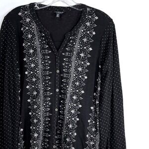 Lucky Brand Womens Black Embroidered Polka Dot Button Front Top Small Boho